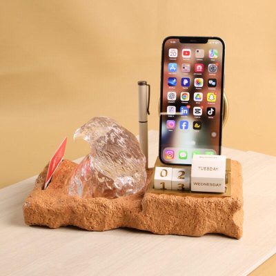 REGAL DESK PIECE UAE-Crafted Crystal Falcon Head Desktop Organizer with Card Holder, Pen Holder, Phone Stand & Calendar